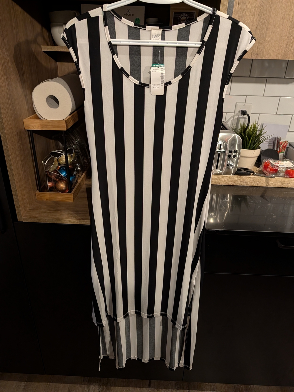 twik Black and White Vertical Stripe High-Low Dress